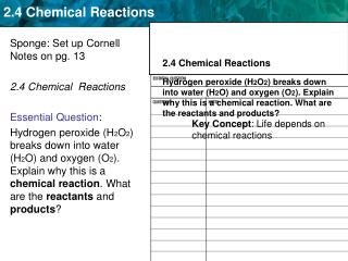 Sponge: Set up Cornell Notes on pg. 13 2.4 Chemical Reactions Essential Question :
