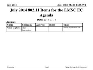 July 2014 802.11 Items for the LMSC EC Agenda