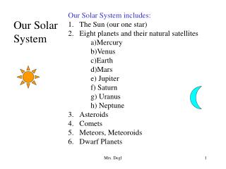 Our Solar System includes: The Sun (our one star) Eight planets and their natural satellites