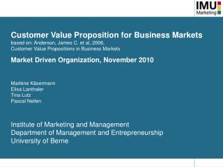 Customer Value Proposition for Business Markets based on: Anderson, James C. et al, 2006,
