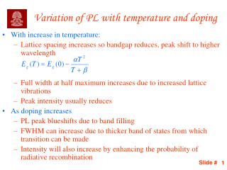 Variation of PL with temperature and doping