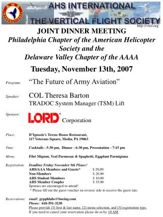JOINT DINNER MEETING Philadelphia Chapter of the American Helicopter Society and the