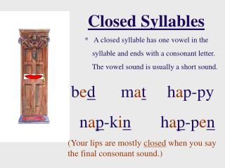 Closed Syllables * A closed syllable has one vowel in the