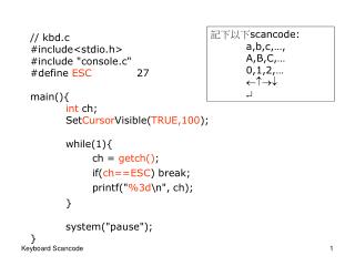 // kbd.c #include&lt;stdio.h&gt; #include &quot;console.c&quot; #define ESC 		27 main(){ int ch;