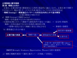 企業戦略と競争戦略 第 1 節　戦略とは何か 　企業は、企業を取り巻く環境変化に主体的･創造的に適応しながら、企業自身の判断で