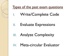 Types of the past exam questions