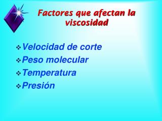 Velocidad de corte Peso molecular Temperatura Presión