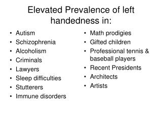 Elevated Prevalence of left handedness in: