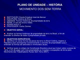 PLANO DE UNIDADE – HISTÓRIA MOVIMENTO DOS SEM-TERRA