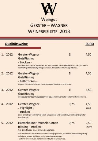 W eingut G ERSTER – W AGNER W EINPREISLISTE 2013