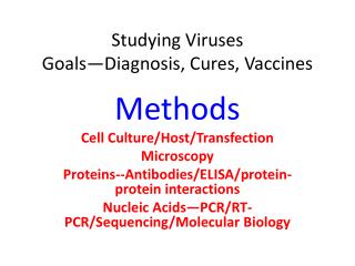 Studying Viruses Goals—Diagnosis, Cures, Vaccines