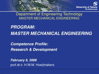 Department of Engineering Technology MASTER MECHANICAL ENGINEERING