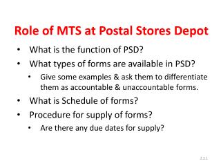 Role of MTS at Postal Stores Depot