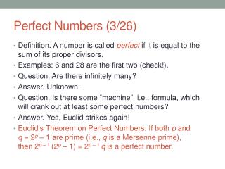 Perfect Numbers (3/26)