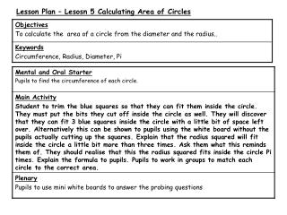 Lesson Plan – Lesosn 5 Calculating Area of Circles