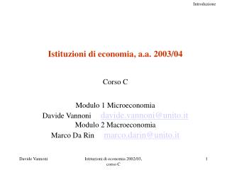 Istituzioni di economia, a.a. 2003/04 Corso C Modulo 1 Microeconomia