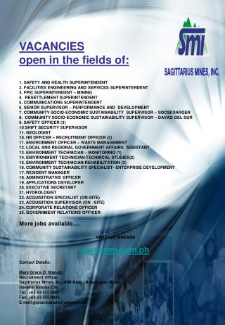 VACANCIES open in the fields of: 1. SAFETY AND HEALTH SUPERINTENDENT