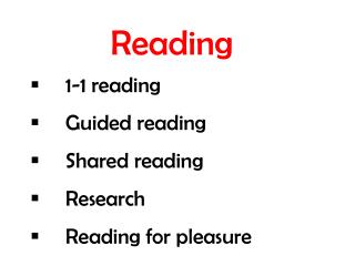 Reading 	1-1 reading 	Guided reading 	Shared reading 	Research 	Reading for pleasure
