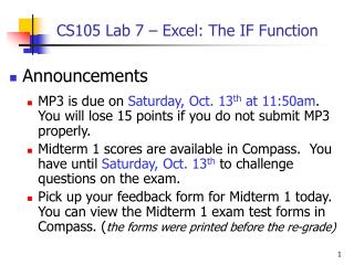 CS105 Lab 7 – Excel: The IF Function