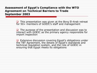 Assessment of Egypt’s Compliance with the WTO Agreement on Technical Barriers to Trade