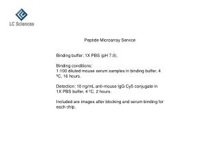 Peptide Microarray Service Binding buffer: 1X PBS (pH 7.0). Binding conditions: