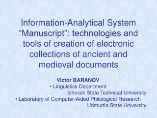 Victor BARANOV Linguistics Department Izhevsk State Technical University