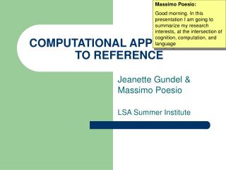 COMPUTATIONAL APPROACHES TO REFERENCE