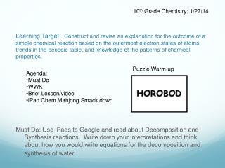 10 th Grade Chemistry: 1/27/14