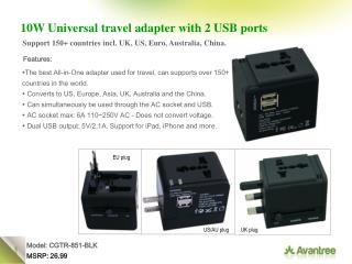 10W Universal travel adapter with 2 USB ports