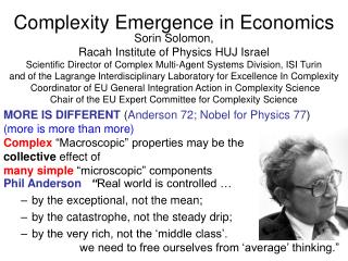 Complexity Emergence in Economics