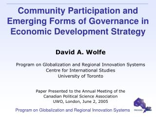 Community Participation and Emerging Forms of Governance in Economic Development Strategy