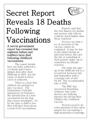 Secret Report Reveals 18 Deaths Following Vaccinations