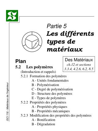 Des Matériaux ch.12 et sections 3.3.4, 4.2.6, 6.2, 8.5
