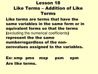 Lesson 18 Like Terms – Addition of Like Terms