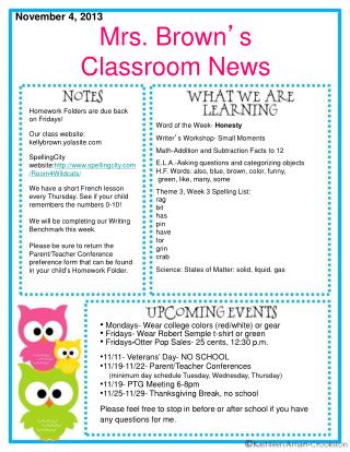 Mrs. Brown ’ s Classroom News