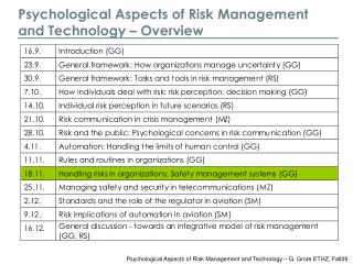 Psychological Aspects of Risk Management and Technology – Overview