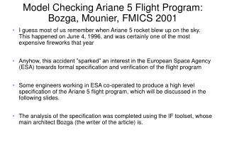 Model Checking Ariane 5 Flight Program: Bozga, Mounier, FMICS 2001
