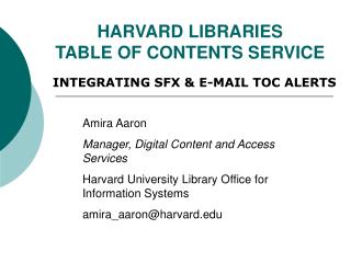 HARVARD LIBRARIES TABLE OF CONTENTS SERVICE