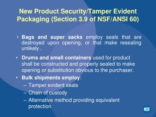 New Product Security/Tamper Evident Packaging (Section 3.9 of NSF/ANSI 60)