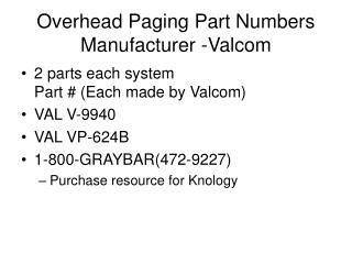 Overhead Paging Part Numbers Manufacturer -Valcom