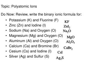 Topic: Polyatomic Ions Do Now: Review, write the binary ionic formula for: