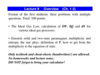 Lecture 9 Overview (Ch. 1-3)
