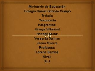 Ministerio de Educación Colegio Daniel Octavio Crespo Trabajo Taxonomía Integrantes: