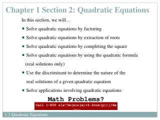 Chapter 1 Section 2: Quadratic Equations