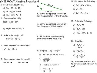 Yr 11 MCAT Algebra Practice 4