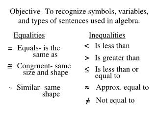 Objective- To recognize symbols, variables, and types of sentences used in algebra.