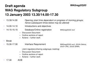 Draft agenda WAG Regulatory Subgroup 13 January 2003 13.30/14.00-17.30