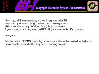 15 yrs ago GIS own specialty, no real integration with TE