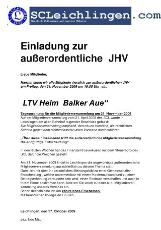 Einladung zur ordentlichen JHV 2009 Einladung zur außerordentliche JHV