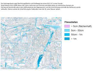 Die Starkregenkarte zeigt Überflutungsflächen und Fließwege bei einem 90 l/ m² in einer Stunde